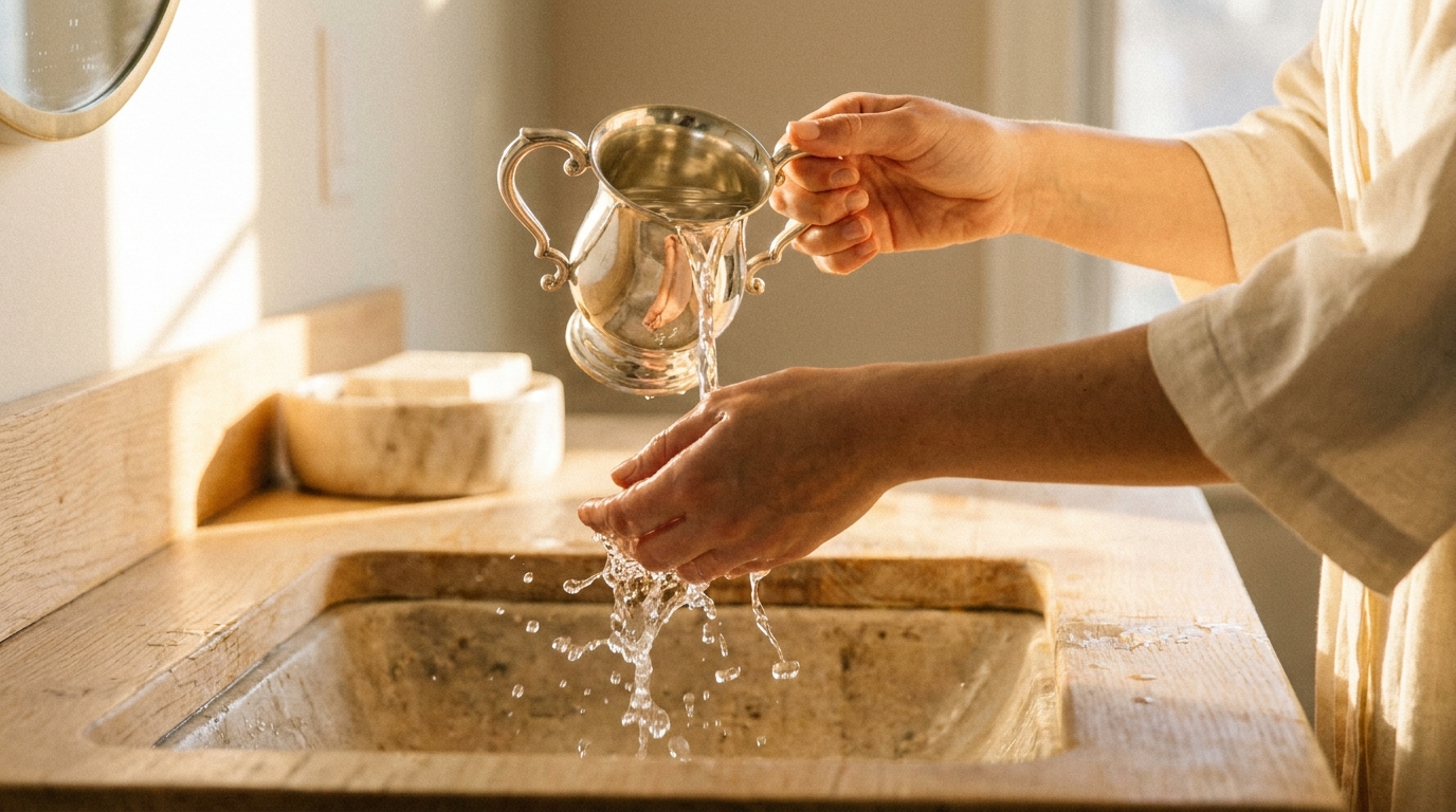 Verre à ablutions (netilat yadayim) versant de l'eau sur les mains