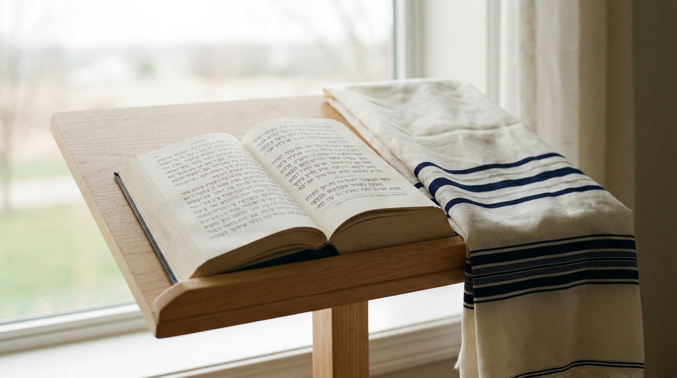 Sidour ouvert et tallit plié, lumière du matin